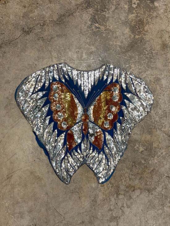 Y2K Sequin Butterfly Top Vintage 80s Disco with Flutter Sleeves 100% Silk Blue - Picture 2 of 8